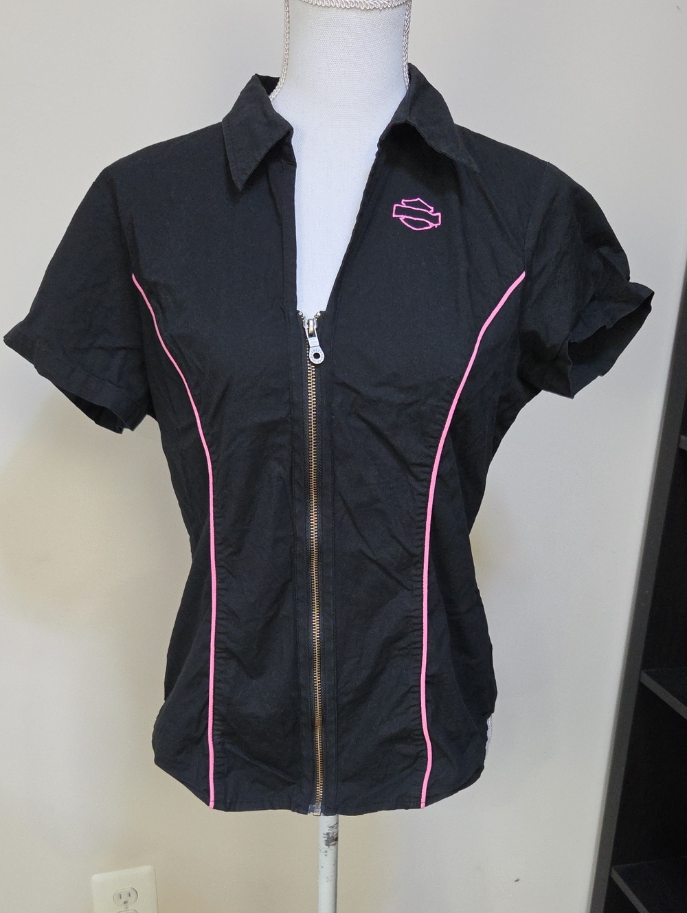 Harley-Davidson 2010 Black Short-Sleeve Zip Front Shirt with Pink Piping
